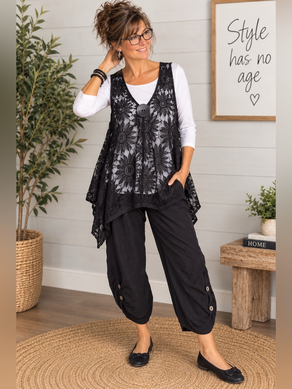 Boho Black Floral Lace Swing Tunic Top Sleeveless Layering Vest Cottagecore